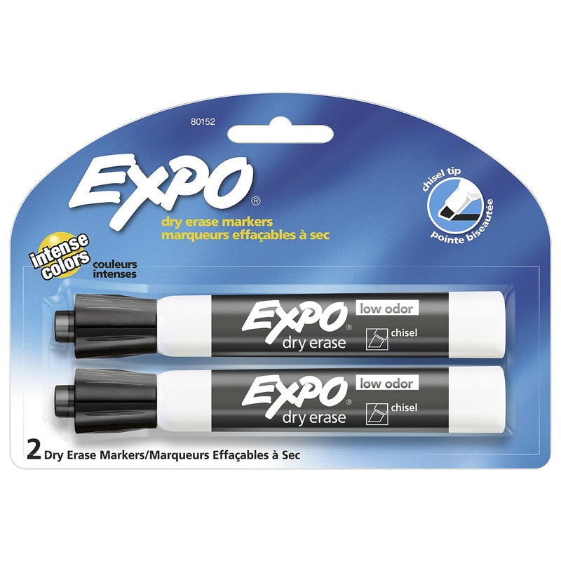 EXPO Low Odor Dry Erase Markers, Chisel Tip, Black, 2 Pack - Image 1